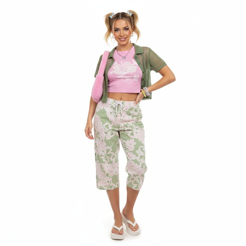 Y2K 2004 Old Navy Girls Floral Hawaiian Print Capri Pants‎ 16 Tropical Summer